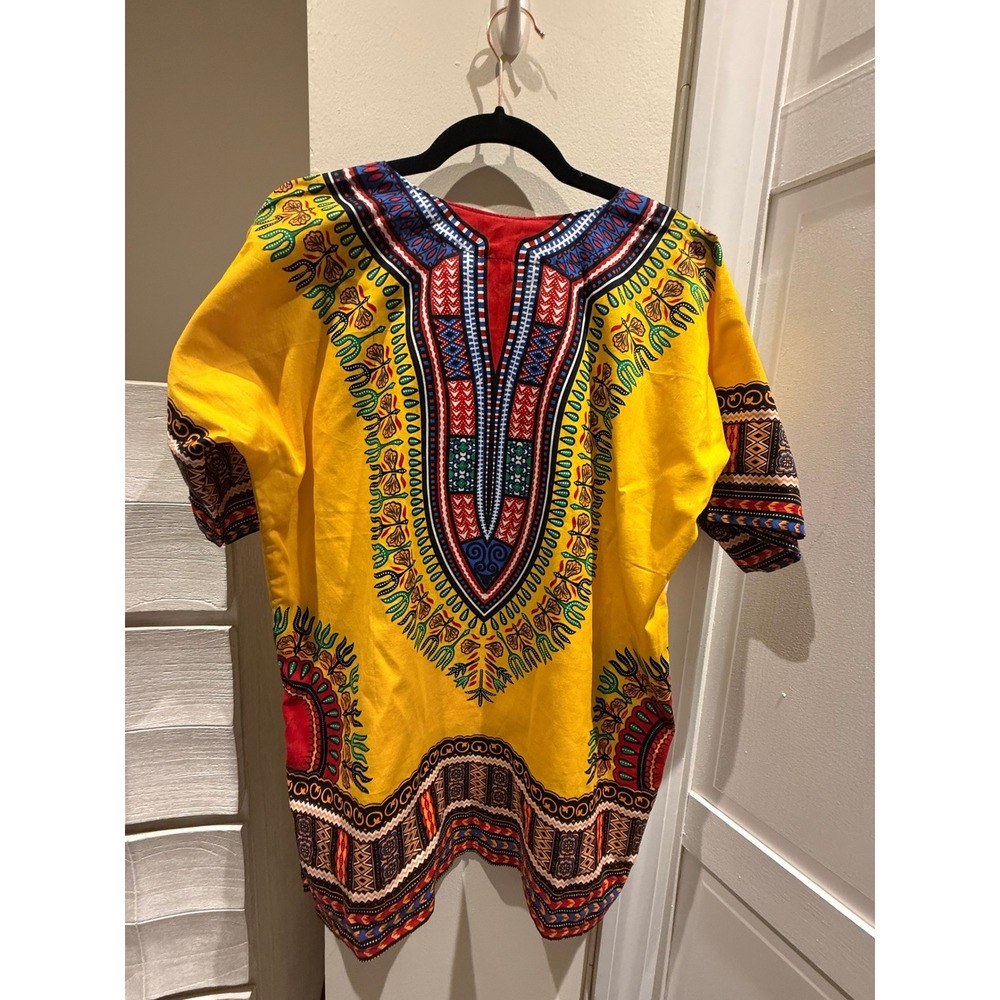 Yellow Dashiki Tunic Top African Print Cotton V-Neck Short Sleeve Medium